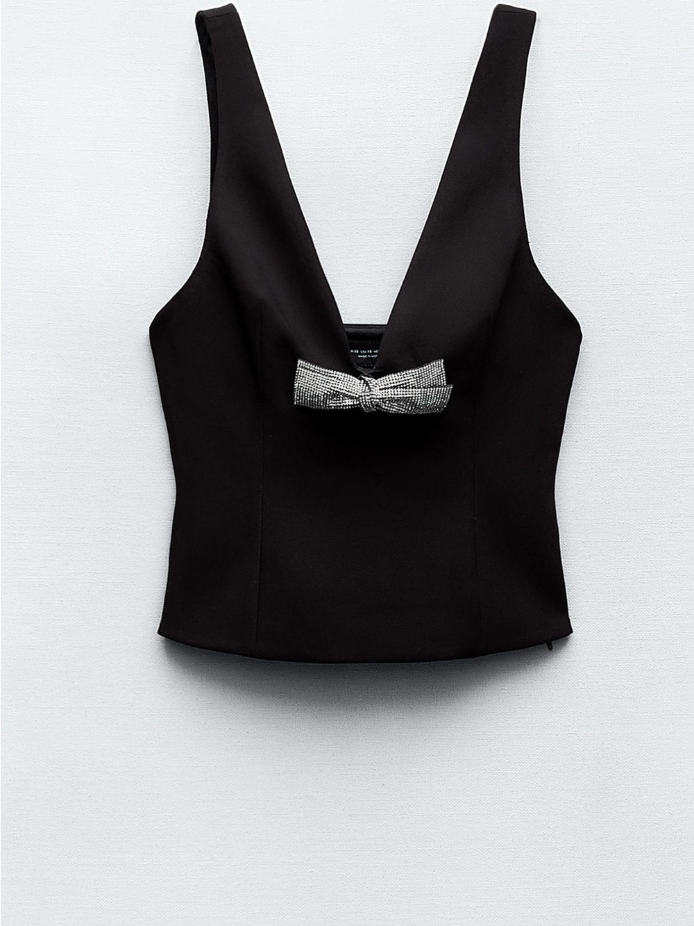 Zara Black V-Neck Sleeveless Camisole with Rhinestone Bow
